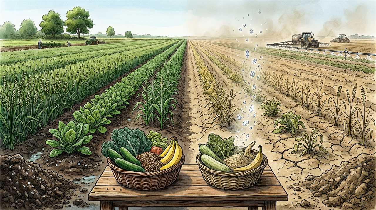 Split farmland contrasts mineral-rich soil and depleted earth, revealing agriculture’s quiet impact on nutrition.