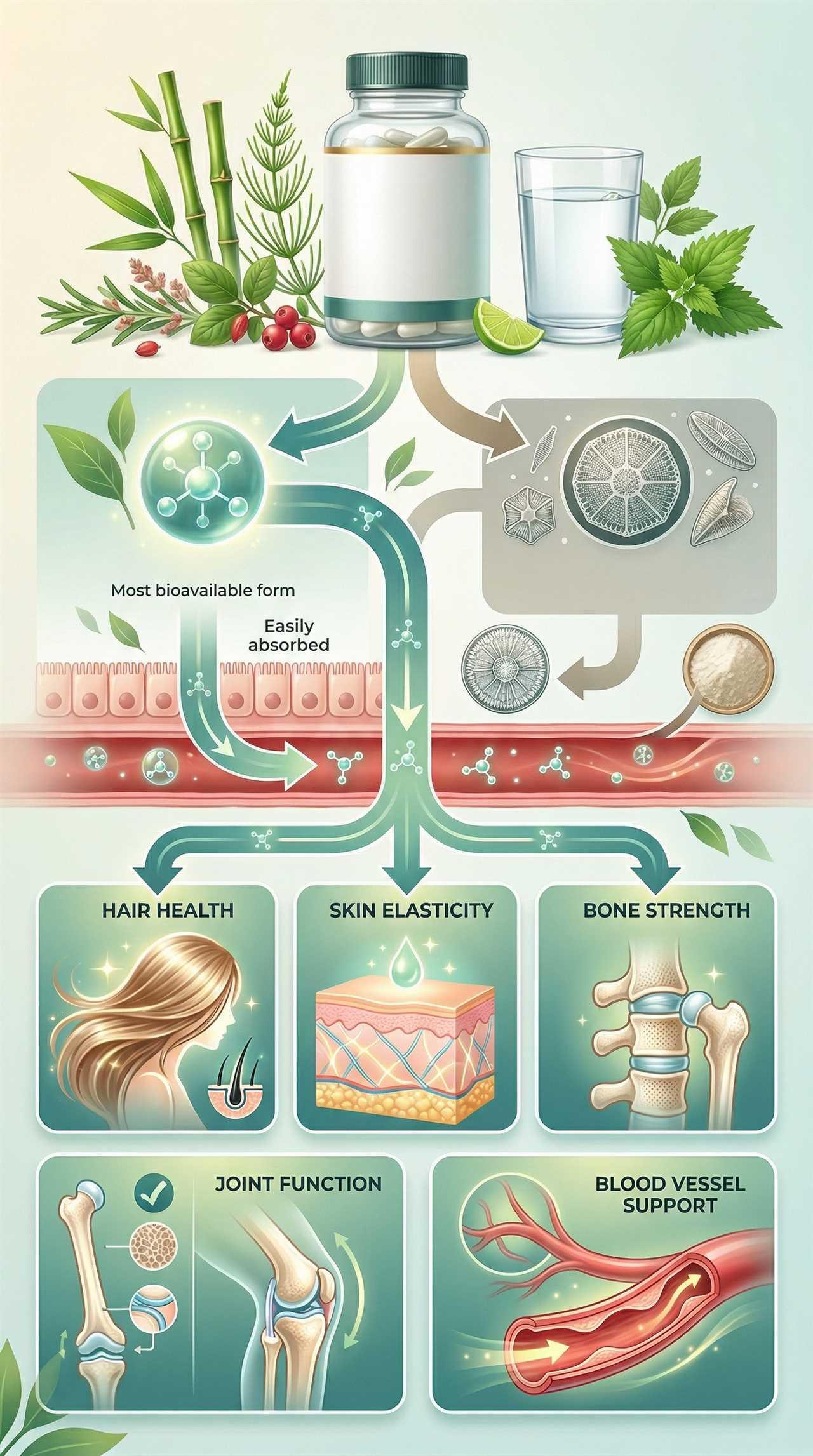 Bioavailable silica supplements support absorption, nourishing hair, skin, bones, joints, and connective tissues.