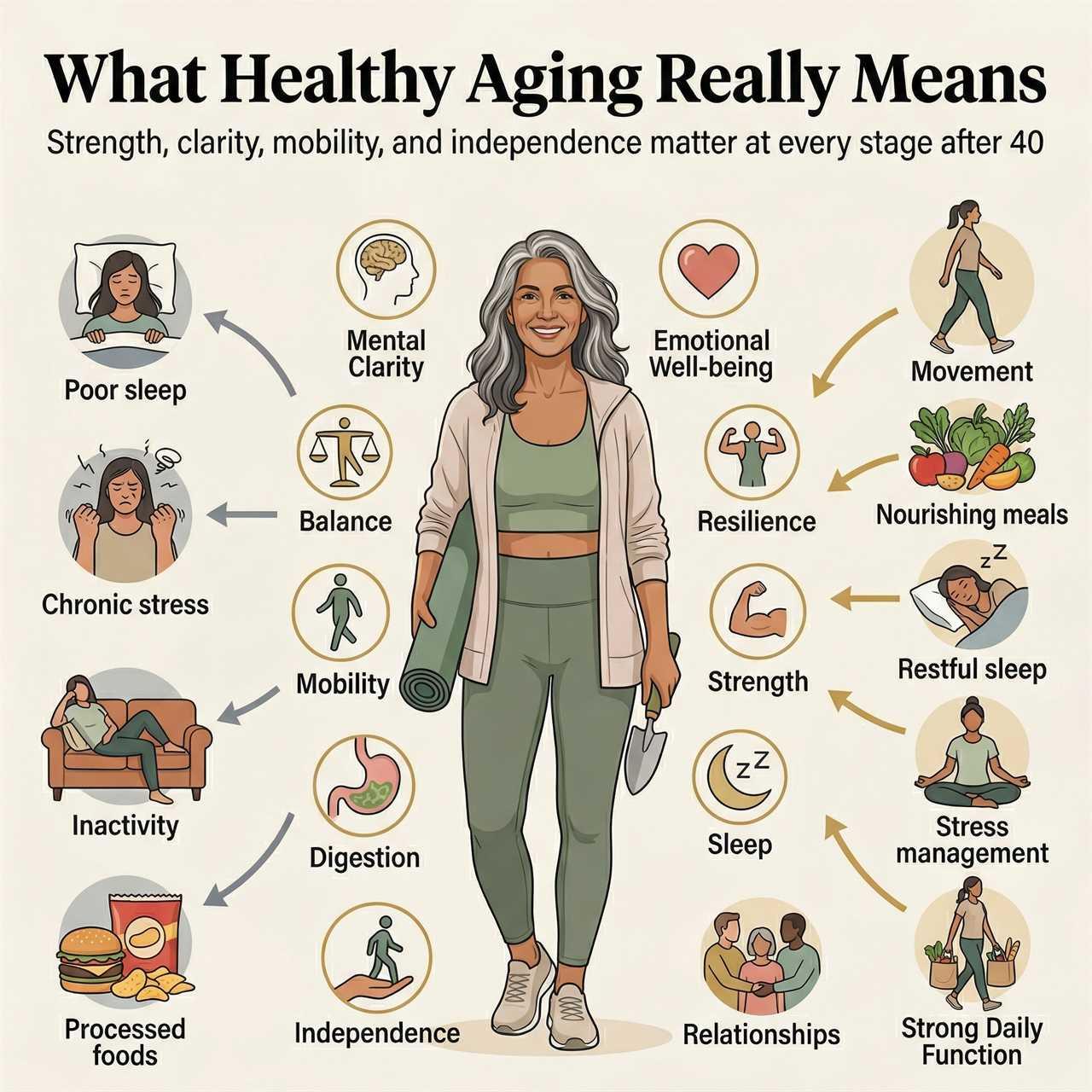 Modern infographic showing healthy aging as strength, clarity, mobility, resilience, and independence after 40.