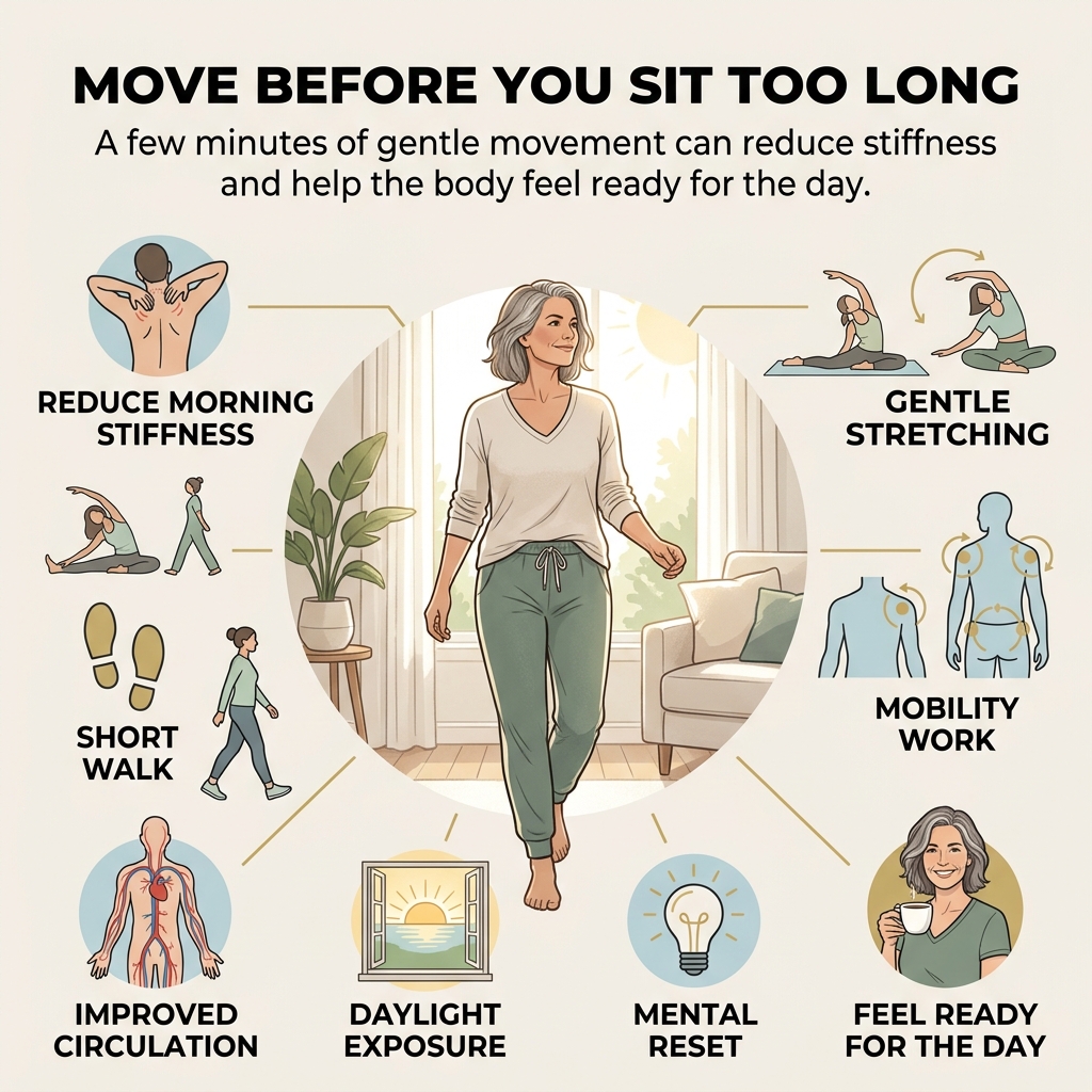 Gentle morning movement that reduces stiffness and helps the body wake up.