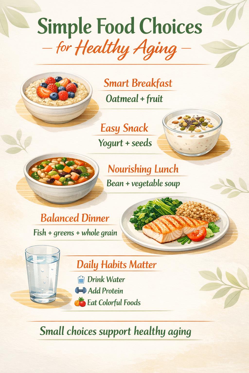 simple healthy meals, hydration, and colorful foods that support healthy aging